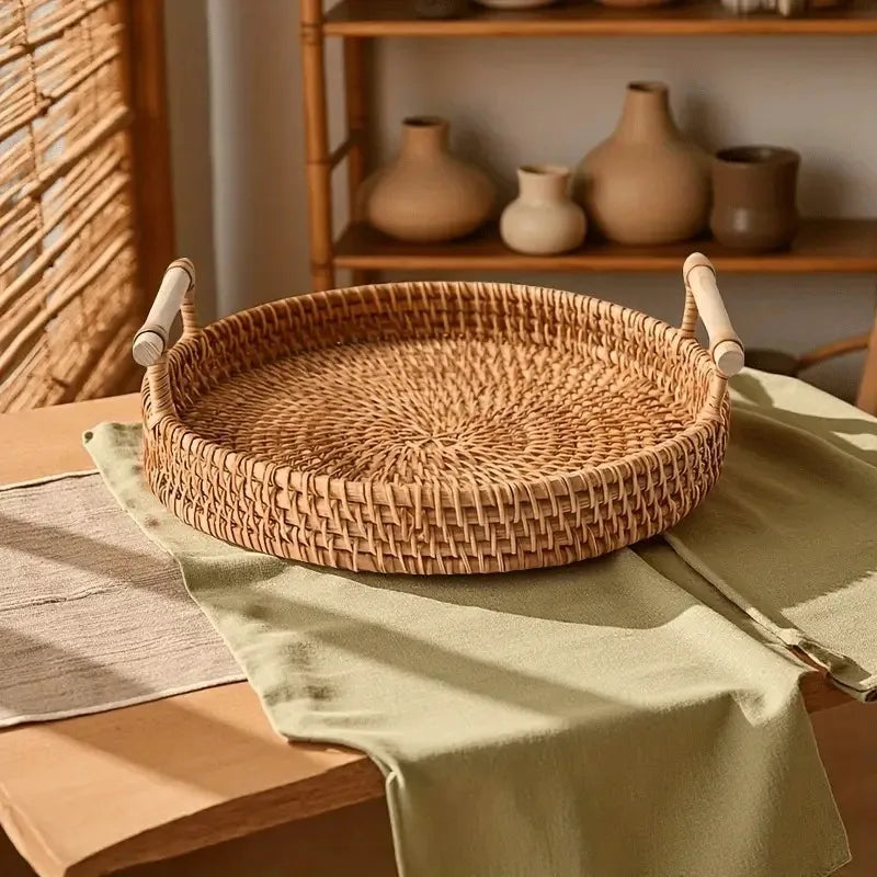 Handmade Woven Rattan Serving Tray Heat-Resistant Tabletop Storage Basket