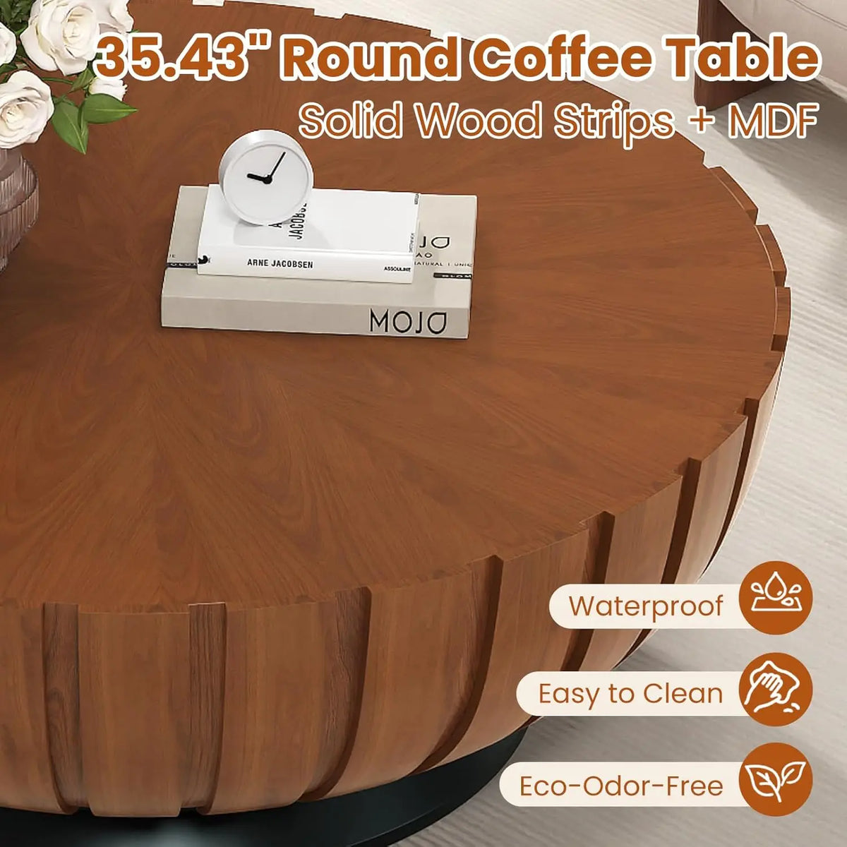 35.4 in Walnut Round Fluted Coffee Table with Drum Base