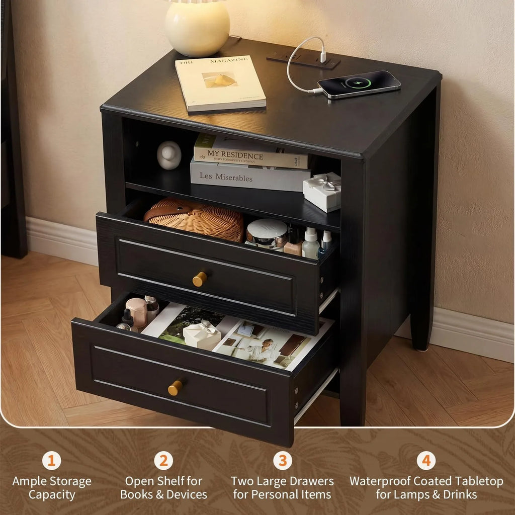 Modern Nightstand with Charging Station 2 Drawers and Open Shelf Bedside Table