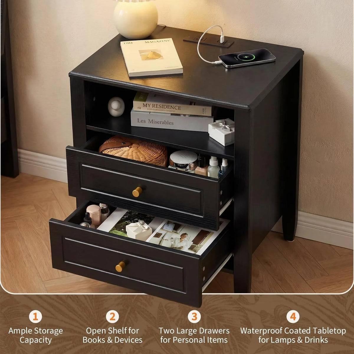 Modern Nightstand with Charging Station 2 Drawers and Open Shelf Bedside Table