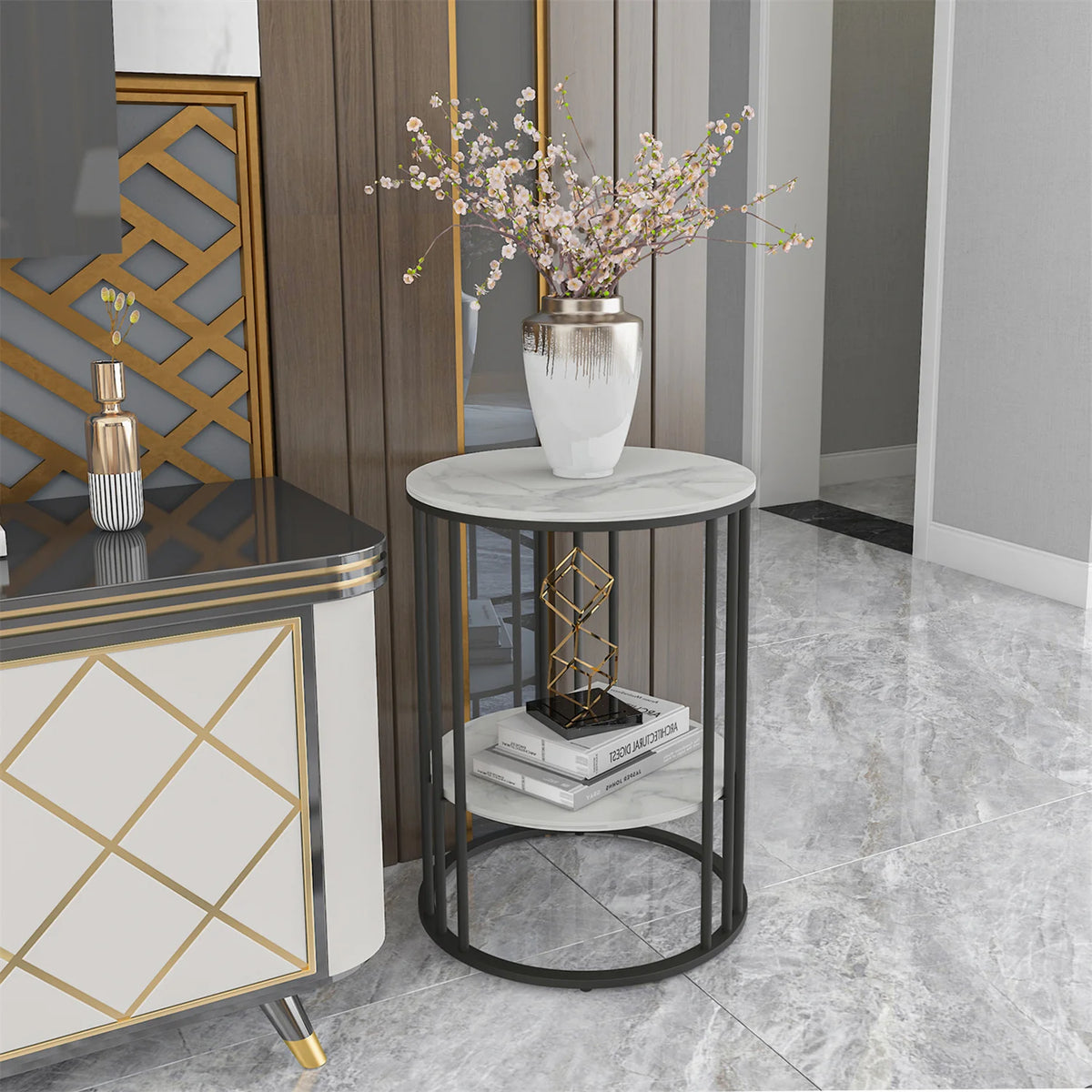2-Tier Round Sintered Stone End Table with Metal Frame IUJ-XZ218