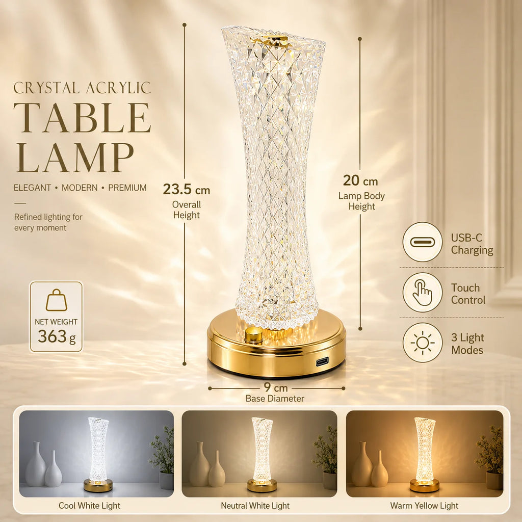 Touch Dimming Crystal LED Table Lamp Modern Bedside Desk Light