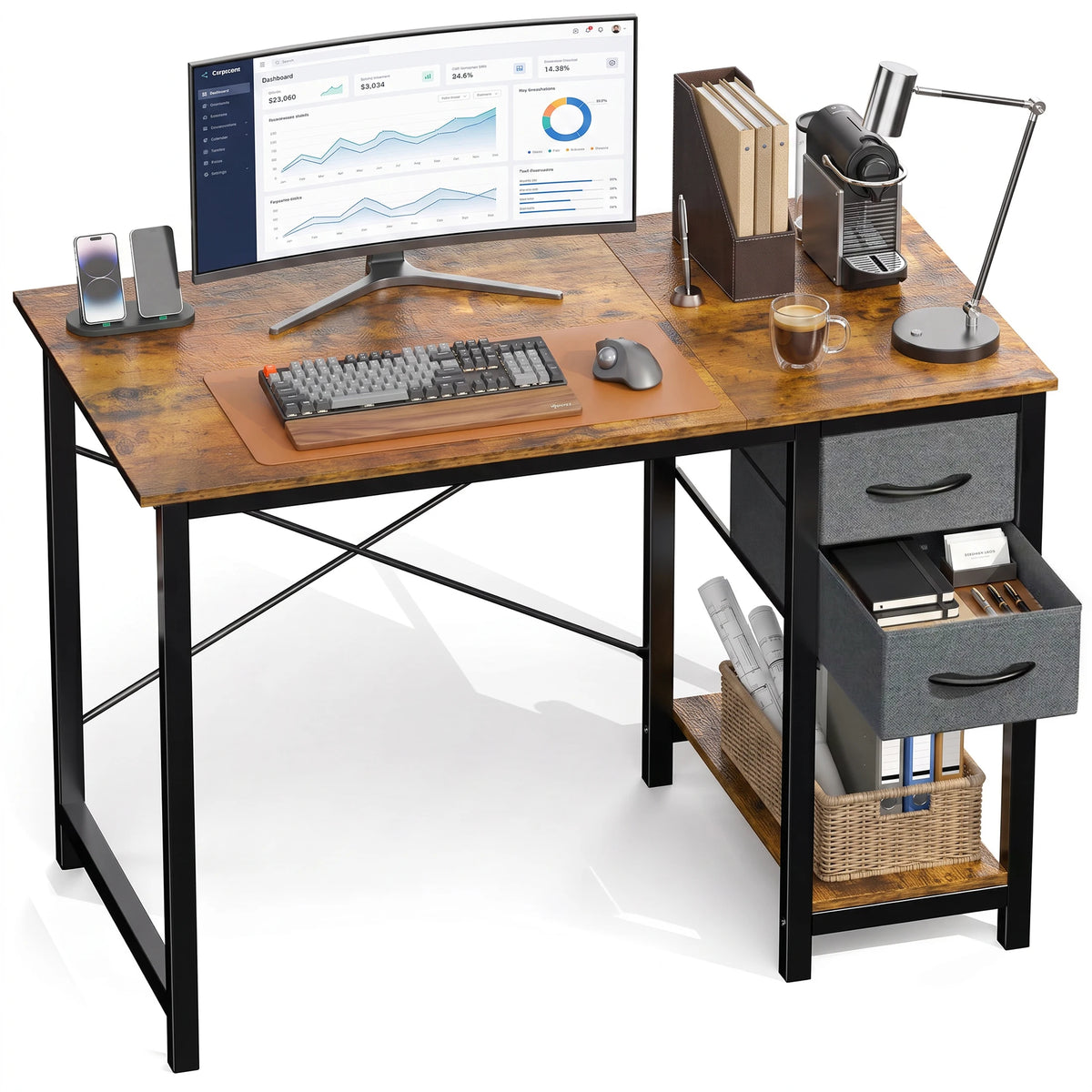 40 Inch Standing Office Desk with Drawers and Side Hook Ergonomic Gaming Desk with Storage X-Frame Stability for Home Office Small Space