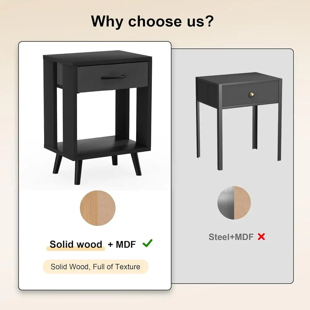 61cm Nightstand Set of 2 with Fabric Drawers Bedside Table Black