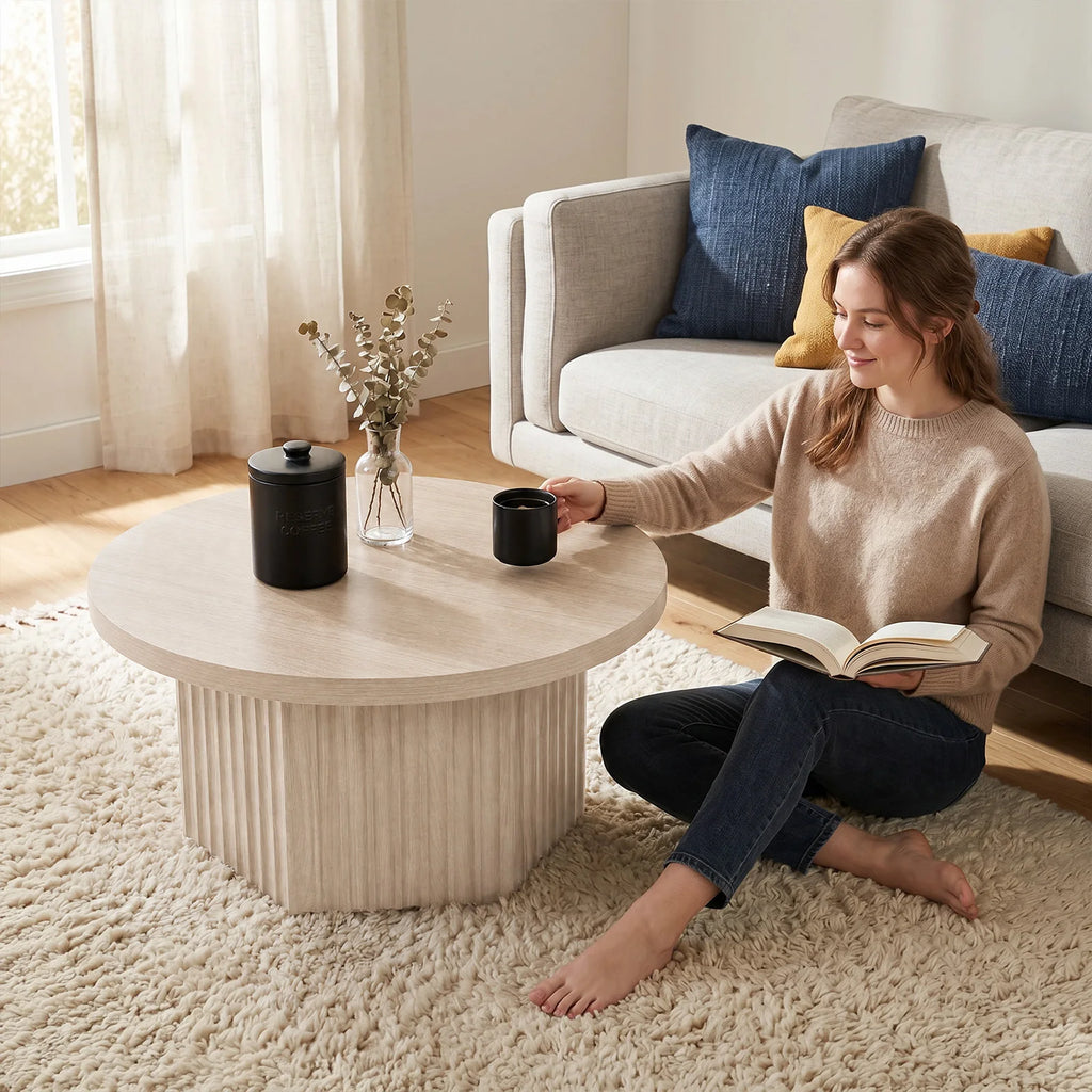 80 cm Round Fluted Drum Coffee Table with MDF Top for Living Room Apartment