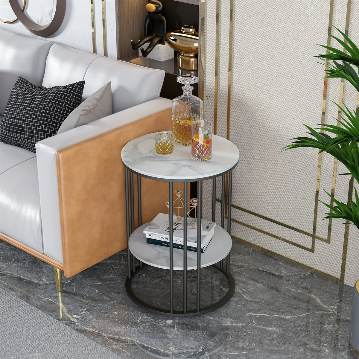 2-Tier Round Sintered Stone End Table with Metal Frame IUJ-XZ218