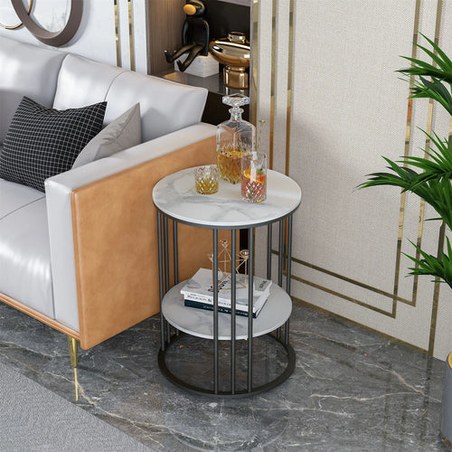 2-Tier Round Sintered Stone End Table with Metal Frame IUJ-XZ218