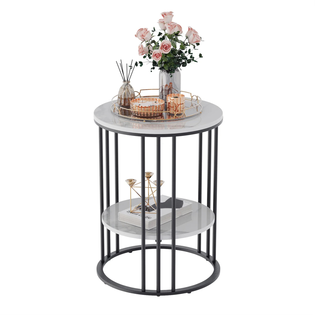 2-Tier Round Sintered Stone End Table with Metal Frame IUJ-XZ218