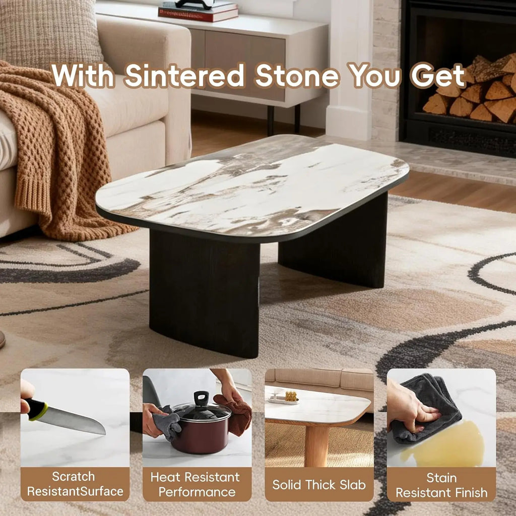 Luxury Marble Coffee Table with Sintered Stone Top and Wood-Look Base