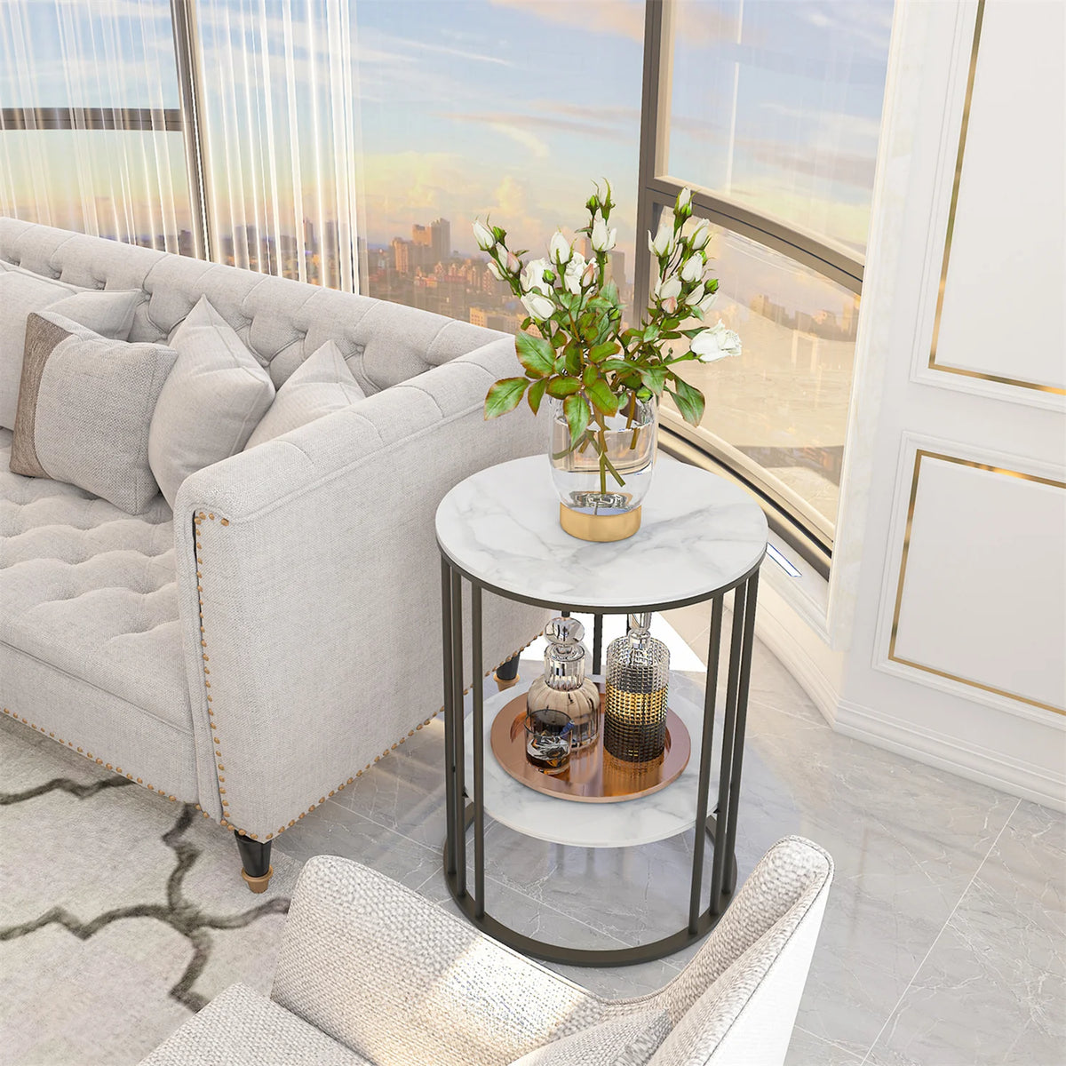 2-Tier Round Sintered Stone End Table with Metal Frame IUJ-XZ218