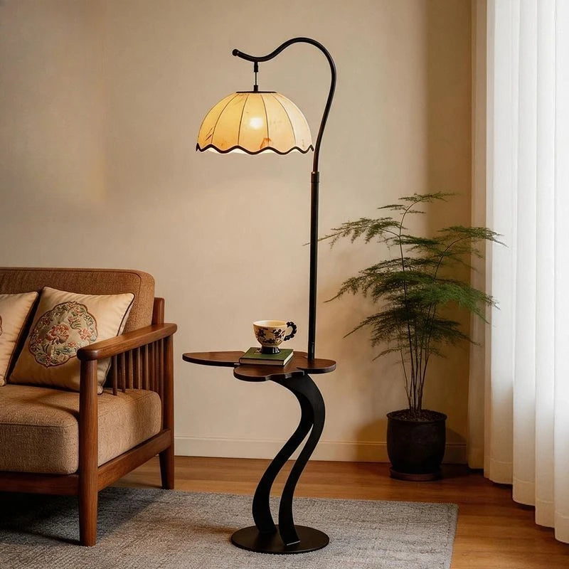 Mid Century Fabric Shade LED Shelf Floor Lamp Living Room