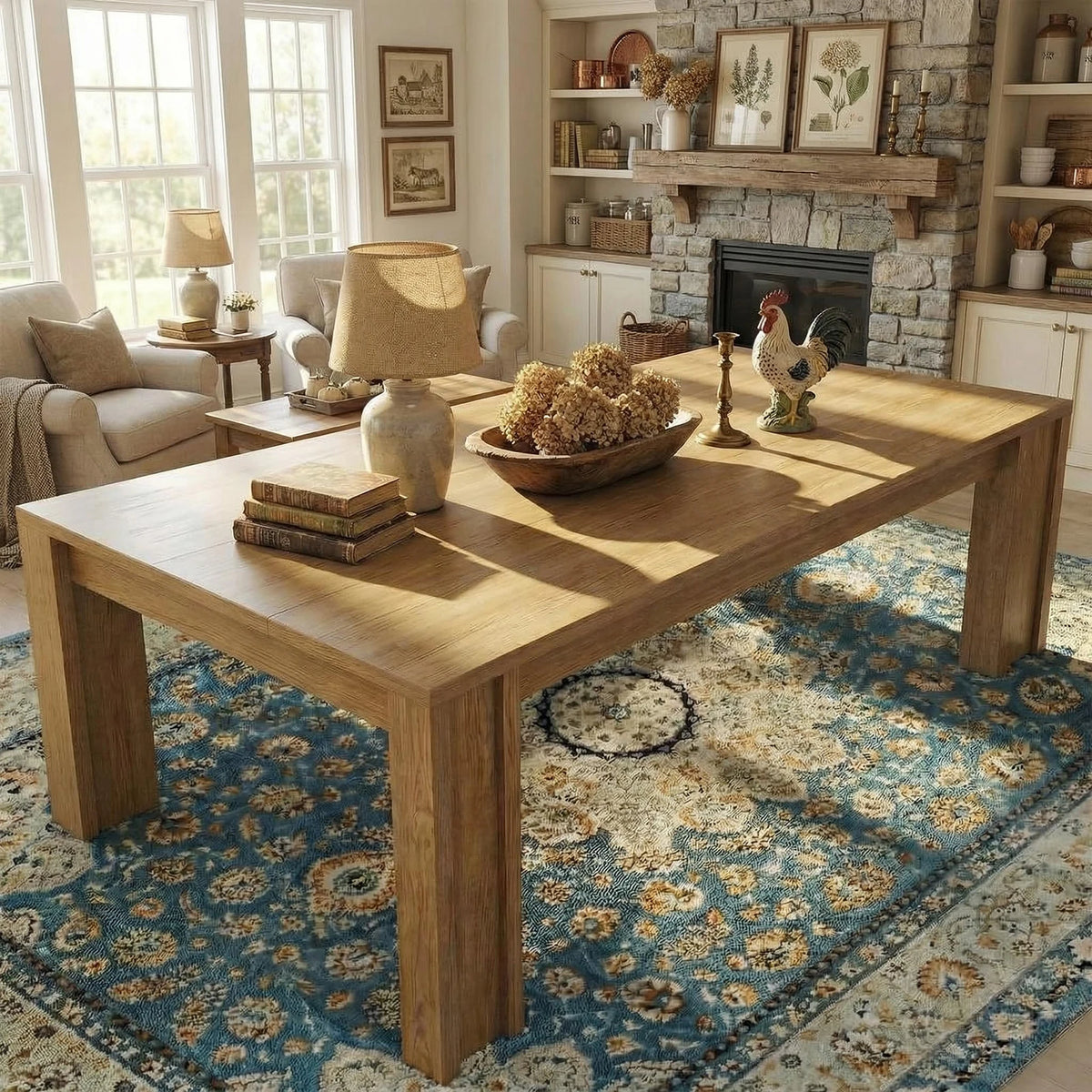 180cm Farmhouse Dining Table for 6-8 People Thick Top Wide H-Legs