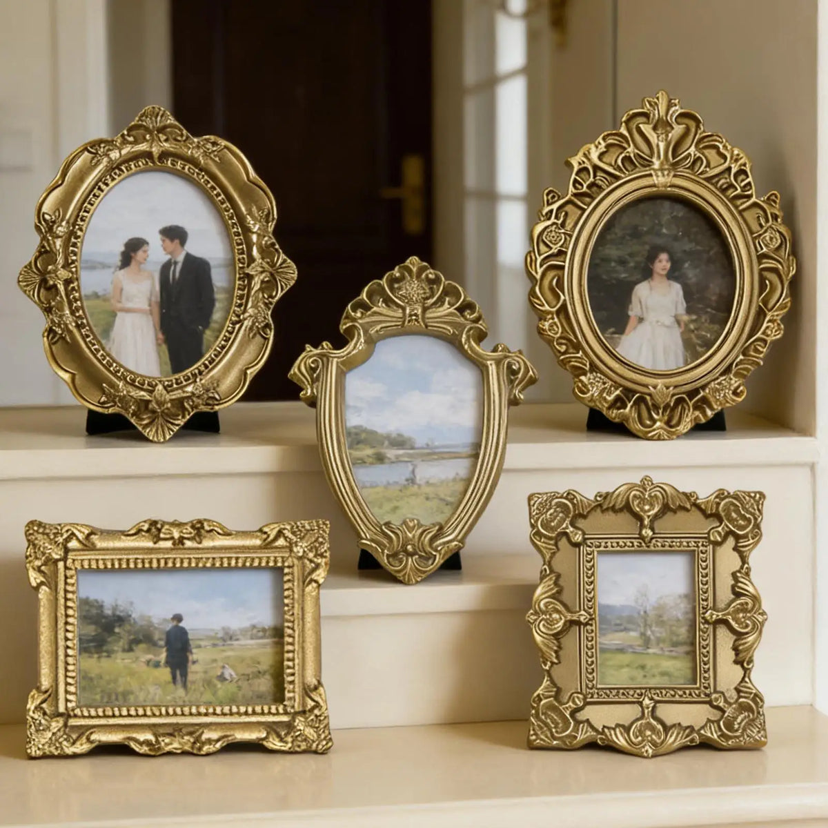 Vintage Miniature Resin Picture Frames Set Bronze Gold Wall Table Decor 5-Pack