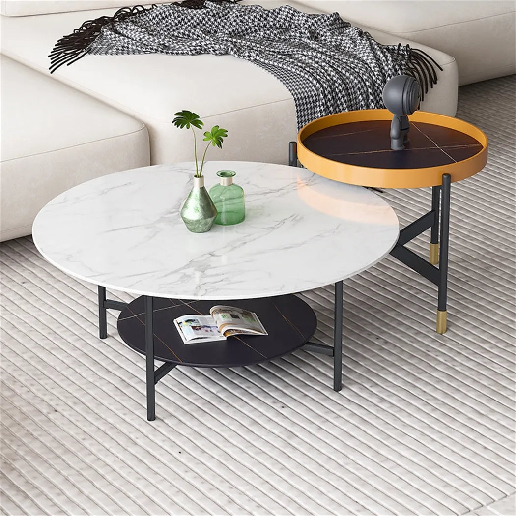 Round 80 cm Marble Coffee Table 2 Tier Sofa Side Nightstand for Living Room