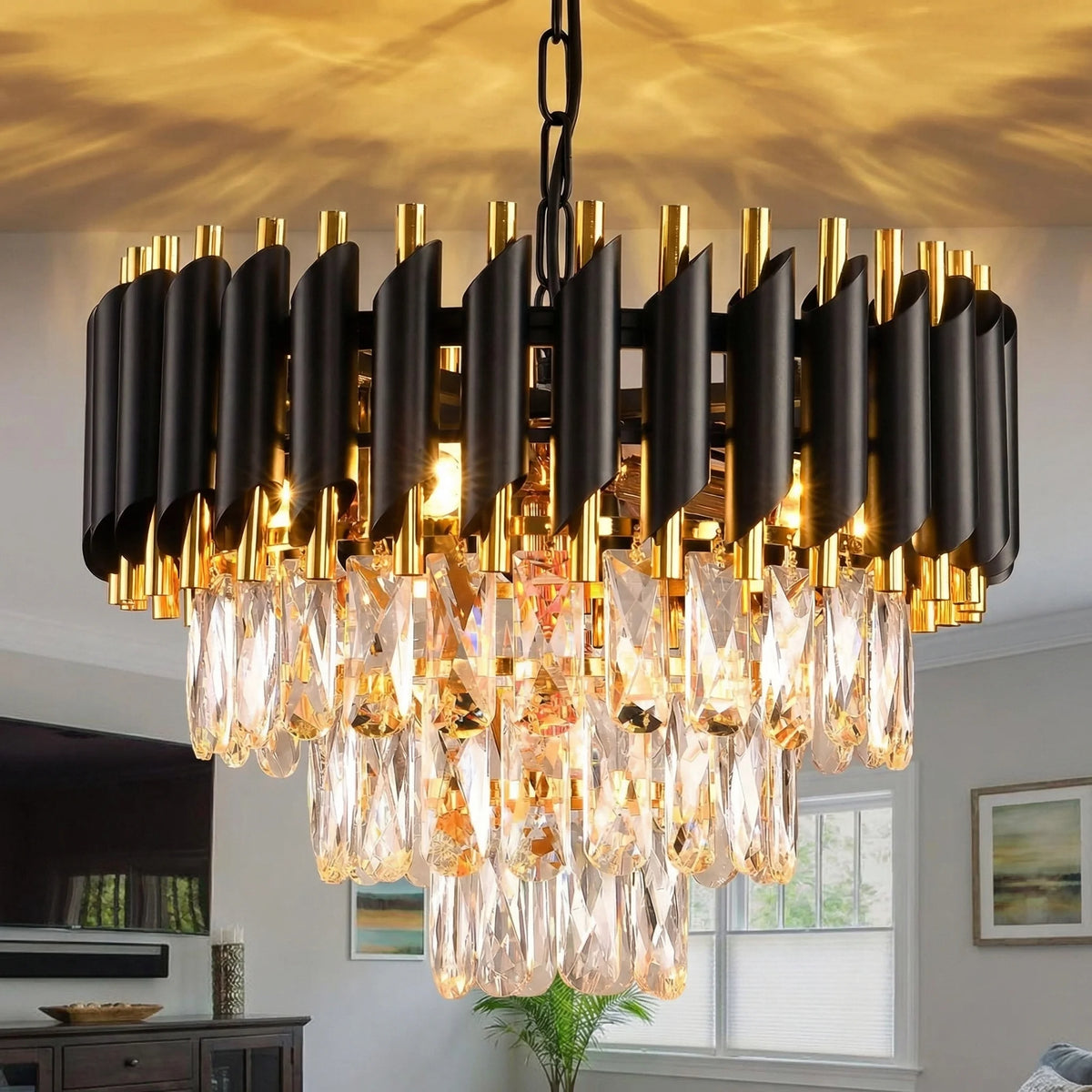 Modern Black and Gold Crystal Chandelier Hanging Ceiling Light Fixture
