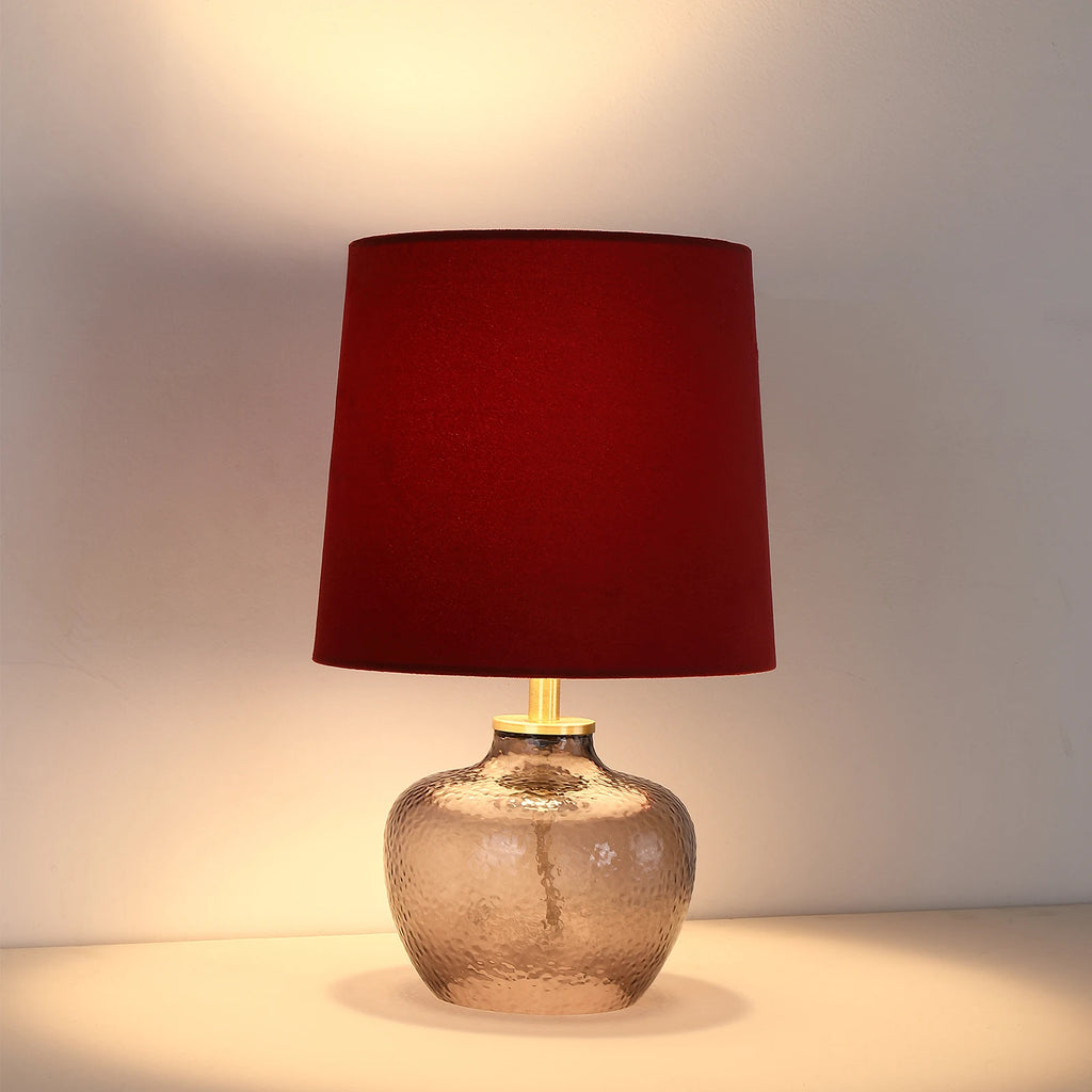 Modern Minimalist 15-Inch Glass Table Lamp Smoky Gray Velvet Red Shade