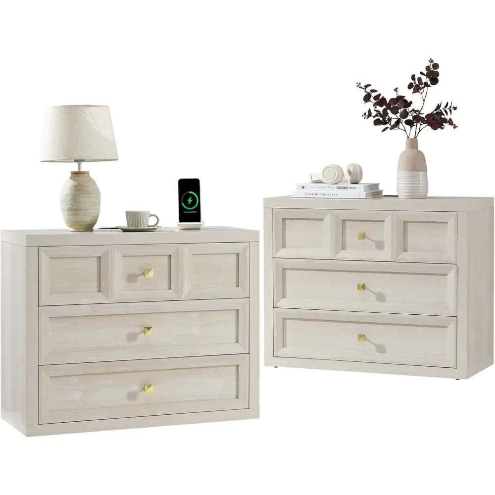 Modern 2-Piece Nightstand Set 3-Drawer Bedside Table with Charging Station