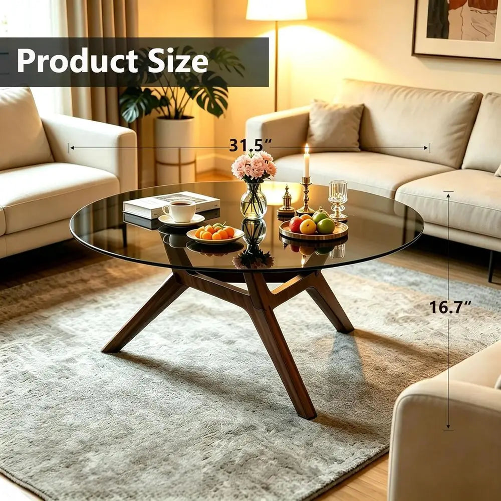 80cm Modern Round Clear Tempered Glass Coffee Table Walnut Wood Base