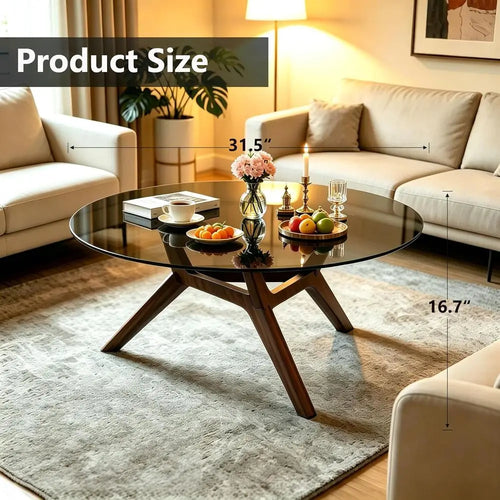 80cm Modern Round Clear Tempered Glass Coffee Table Walnut Wood Base