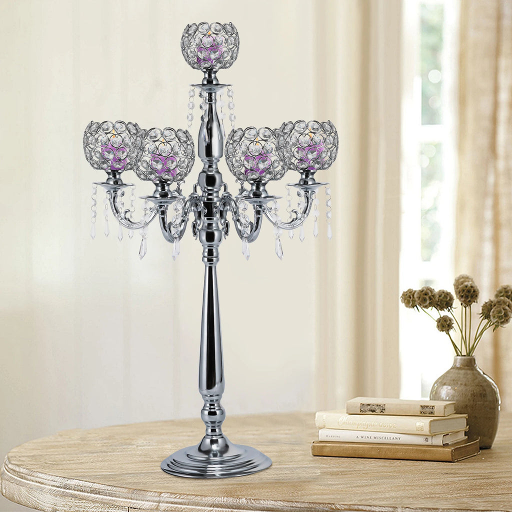 Modern 5 Arms Crystal Candlestick Holder Tabletop Ornament for Home Decor