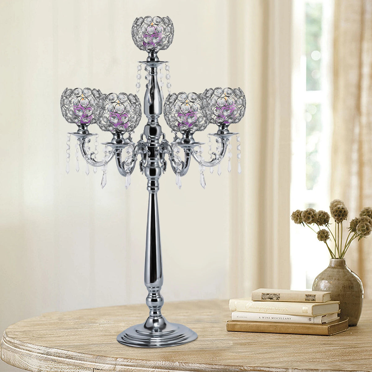 Modern 5 Arms Crystal Candlestick Holder Tabletop Ornament for Home Decor