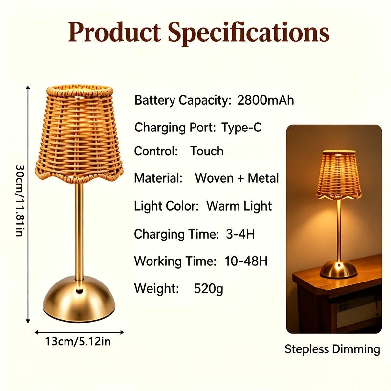 Bohemian Woven Rattan Art Table Lamp Touch Control USB Dimmable