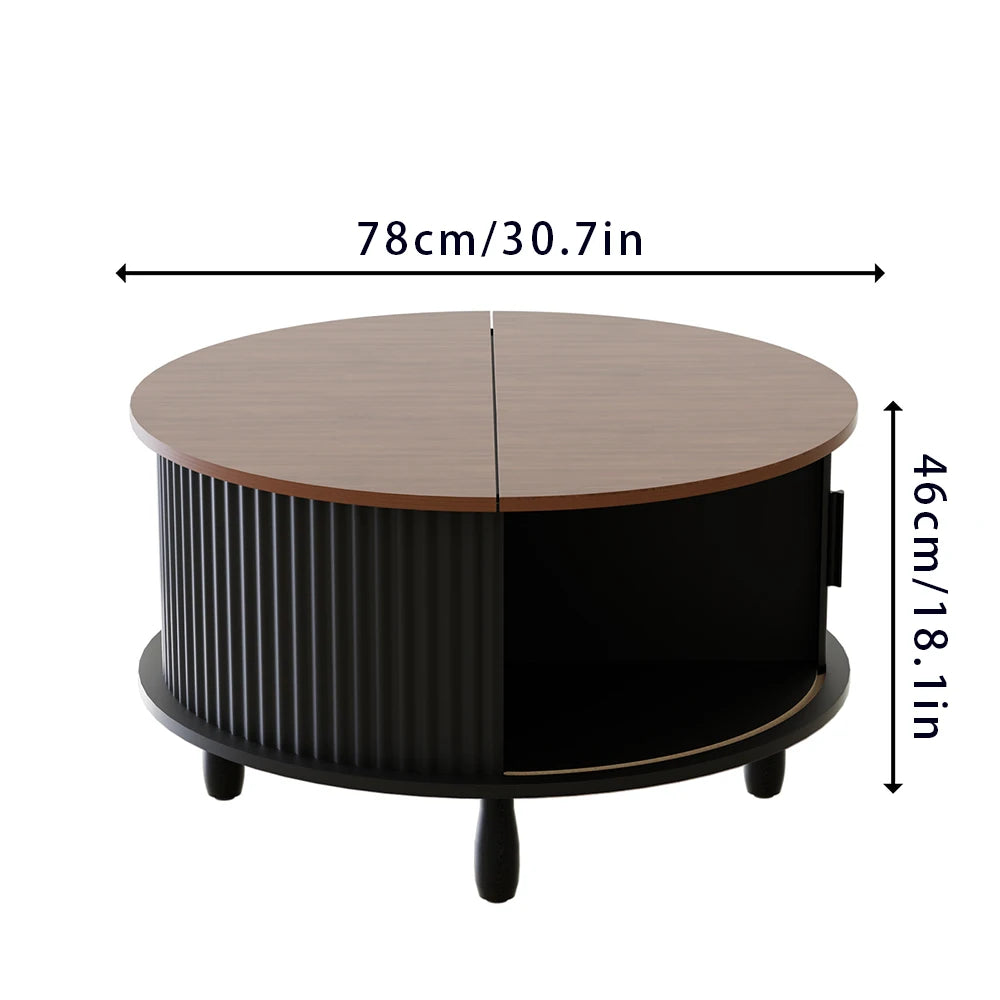 80cm Modern Round Wooden Coffee Table with Curved Sliding Door Storage