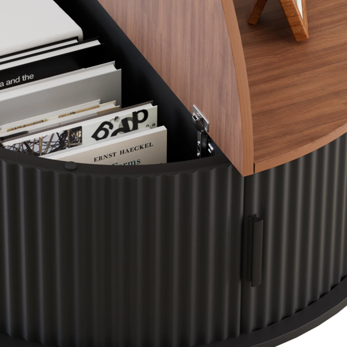 80cm Modern Round Wooden Coffee Table with Curved Sliding Door Storage