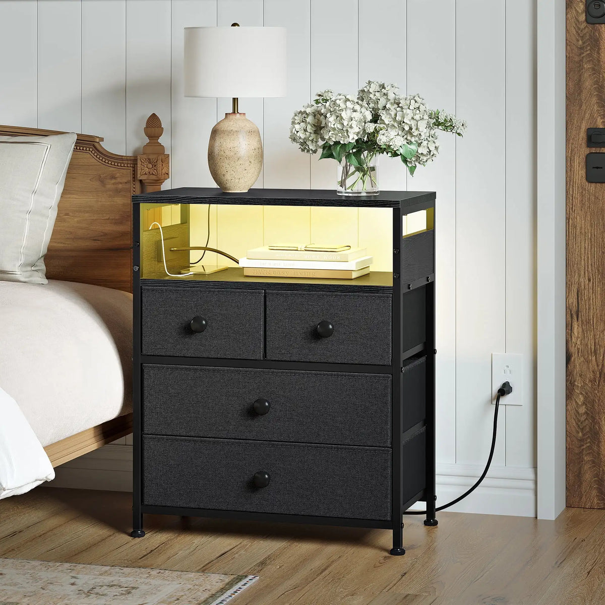 56cm LED Nightstand with 4 Fabric Drawers Charging Station Storage Shelf