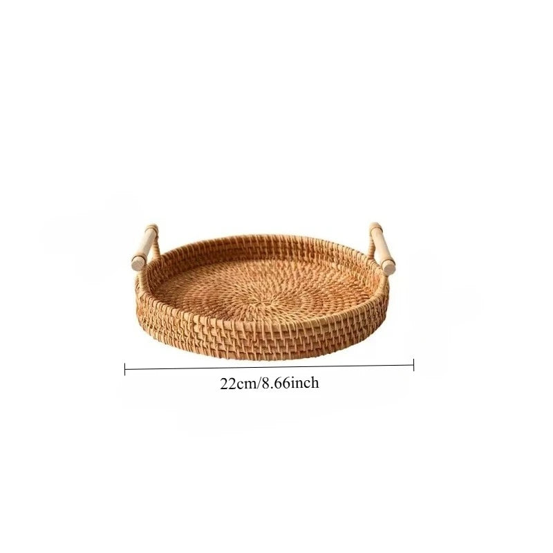 Handmade Woven Rattan Serving Tray Heat-Resistant Tabletop Storage Basket