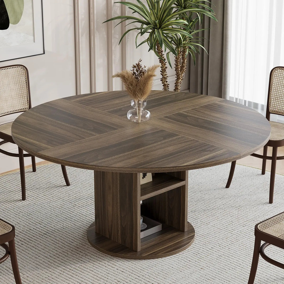 Farmhouse Round Dining Table with Pedestal Base and 2-Tier Storage