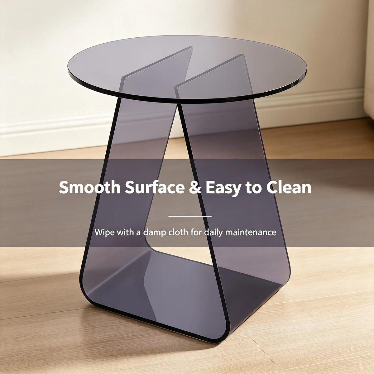 Black Acrylic Round Side Table with Triangular Support Frame for Living Room