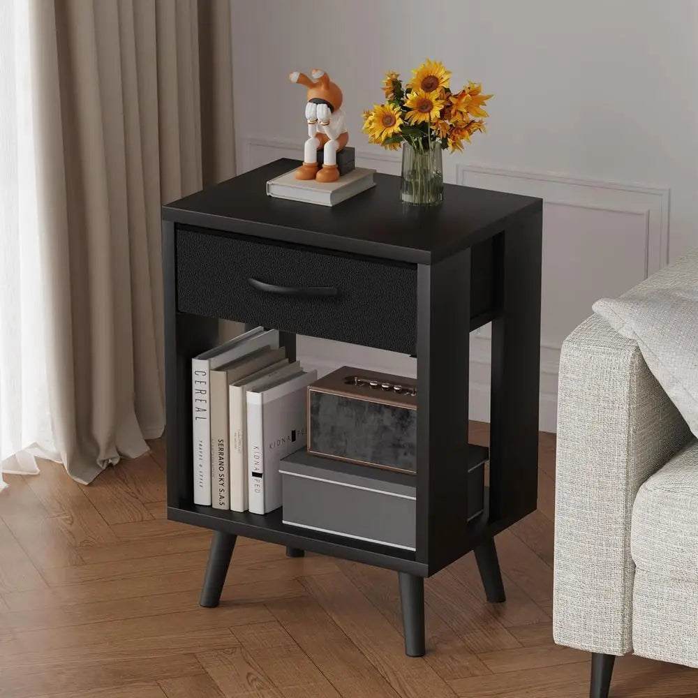 61cm Nightstand Set of 2 with Fabric Drawers Bedside Table Black