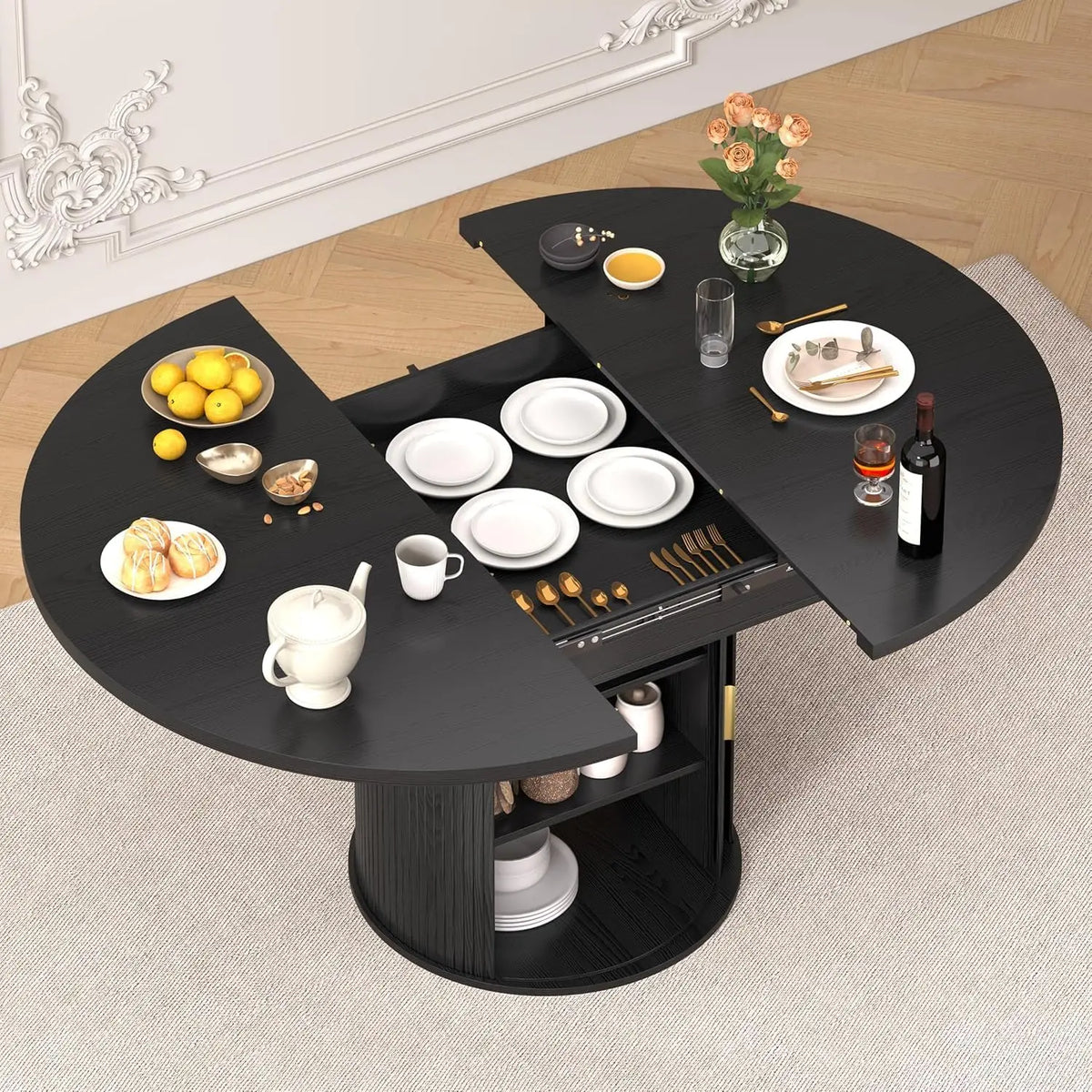 Modern Extendable Round Dining Table with Storage Cabinet
