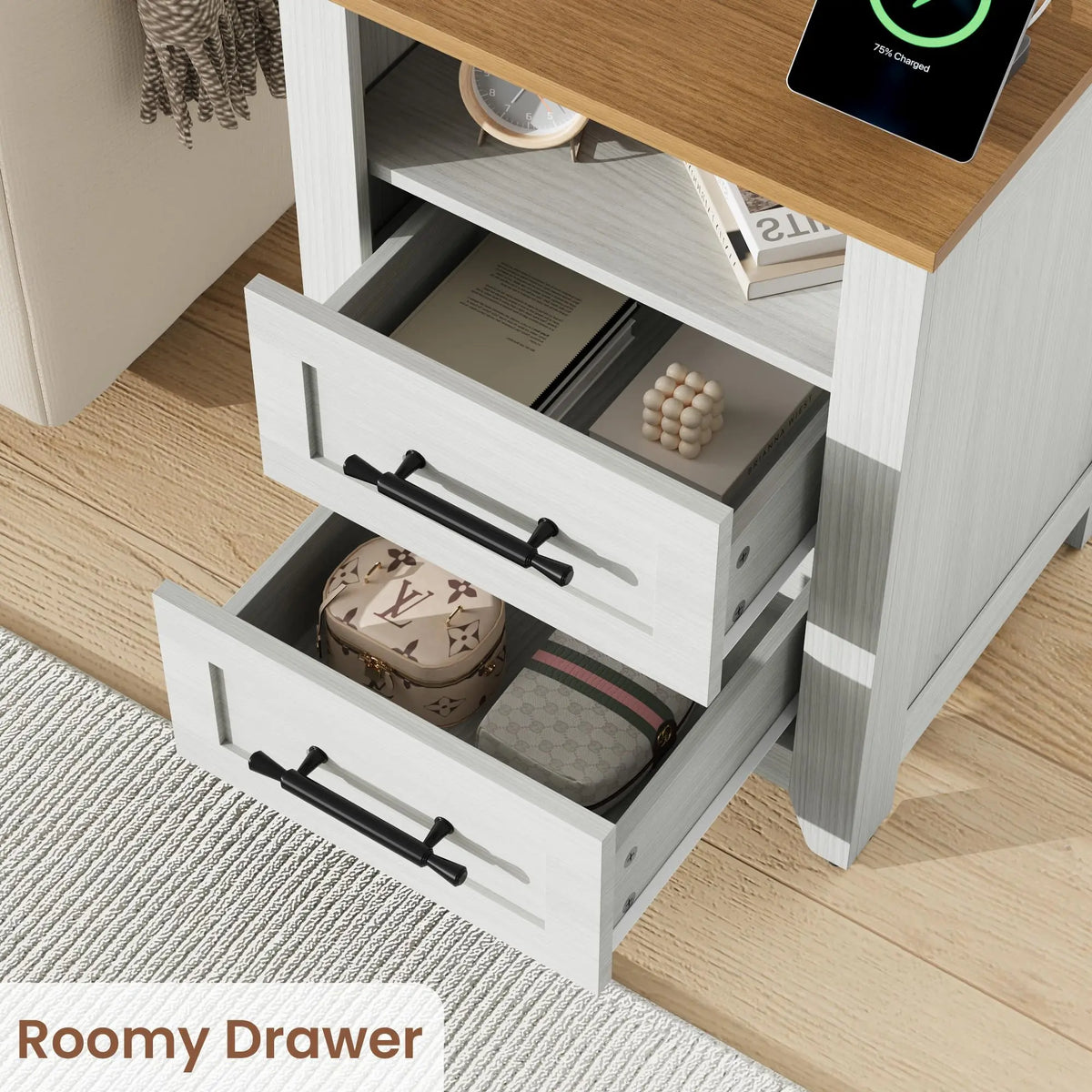 Farmhouse Nightstand with Charging Station 2 Drawers and Open Shelf Bedside Table