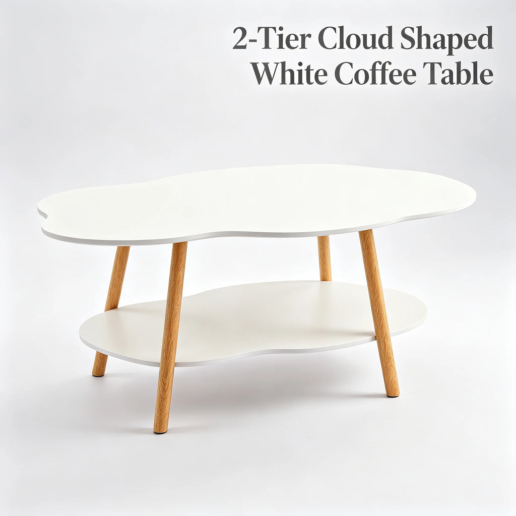 2-Tier Modern Cloud-Shaped Coffee Table with Bottom Shelf White