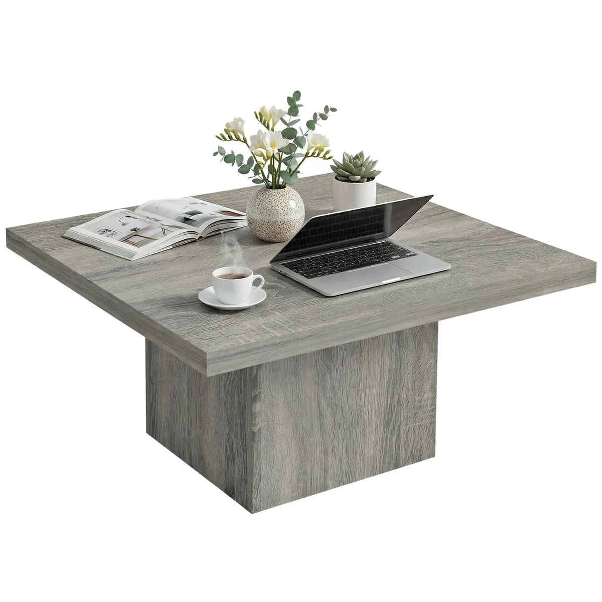 80cm Modern Square Wooden Coffee Table with Gray Wood Grain Finish