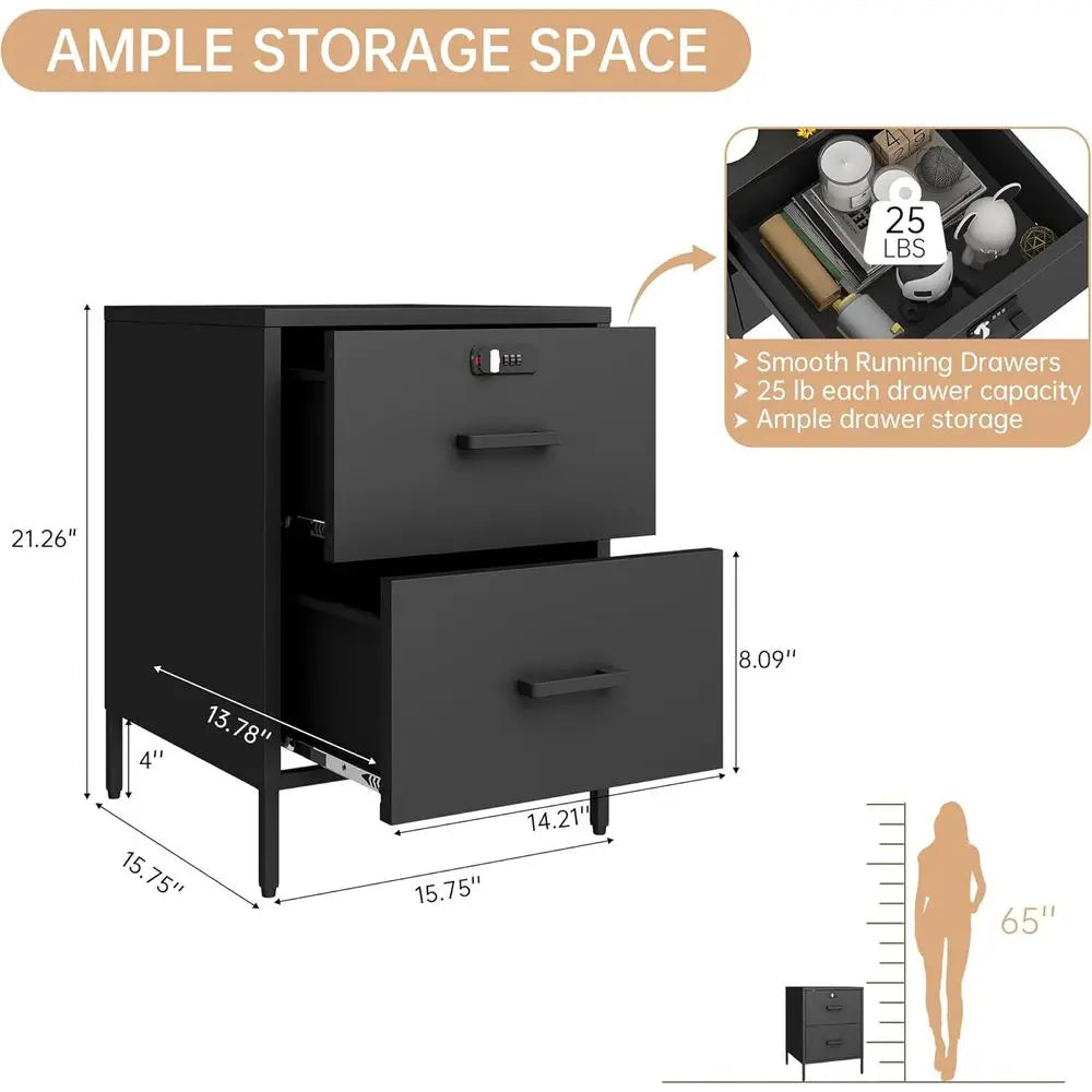 54cm Lockable Metal Nightstand with Storage Bedside Table End Table Black