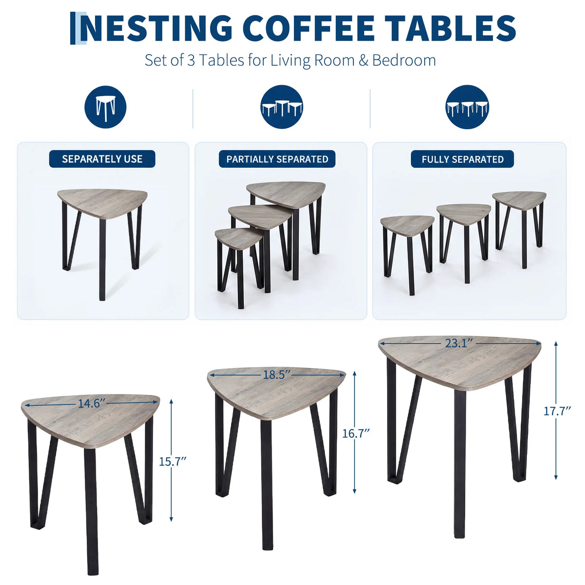 Set of 3 Industrial Triangle Nesting Coffee Tables with Metal Frame