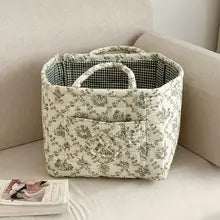 Vintage Floral Quilted Storage Basket With Handle for Home Decor