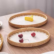 Nordic Round Rattan Inlay Fruit Plate Storage Tray Home Decor