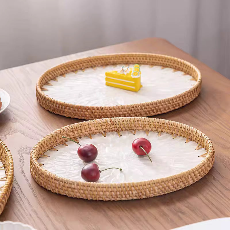 Nordic Round Rattan Inlay Fruit Plate Storage Tray Home Decor