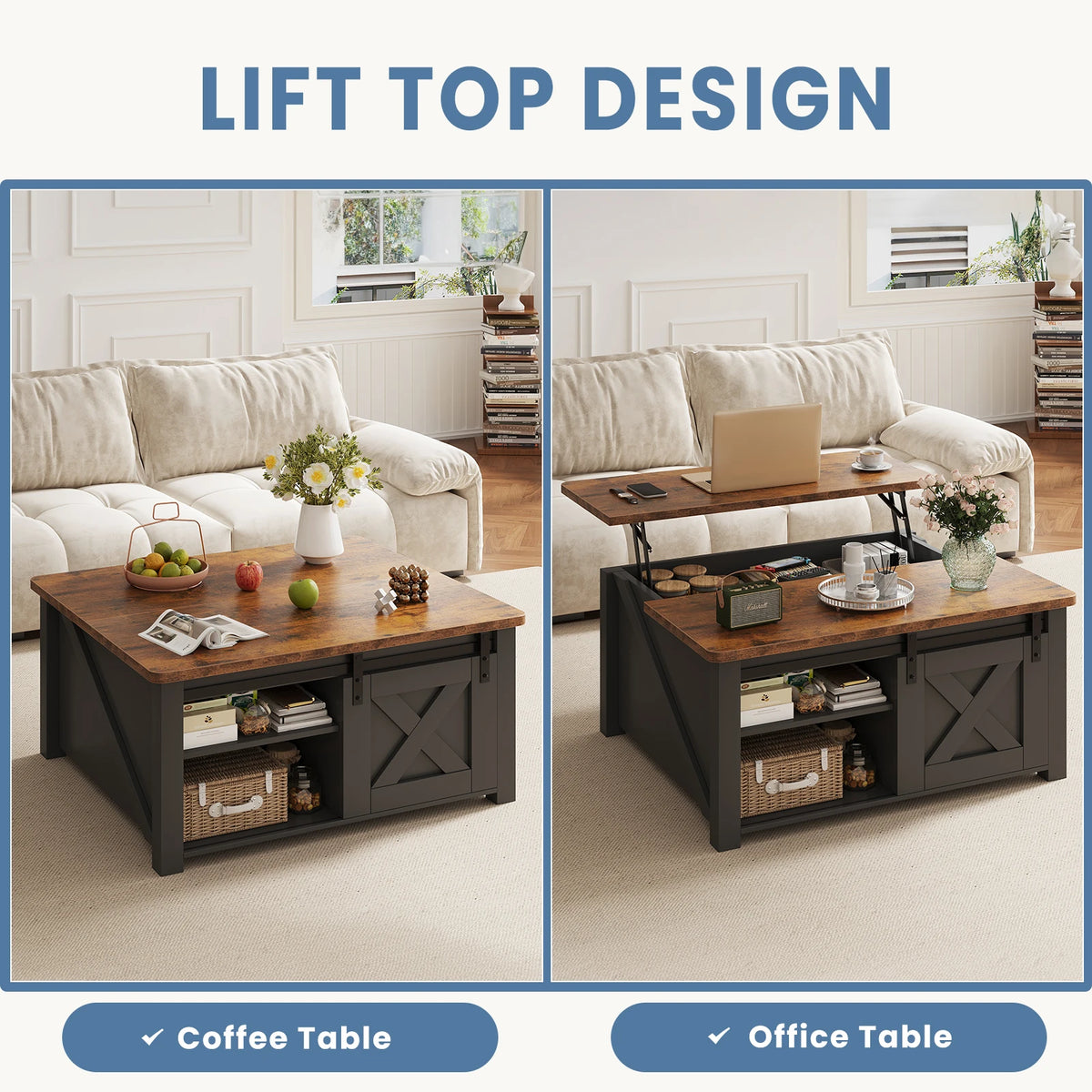 31.5 in Wood Lift Top Coffee Table Square Living Room Adjustable Storage Shelf