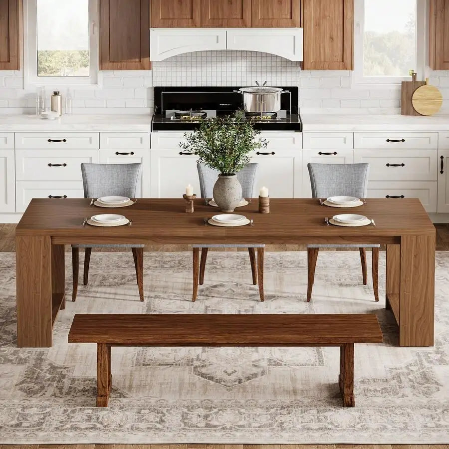 220cm Farmhouse Rectangular Dining Table with Wooden Pedestal Base