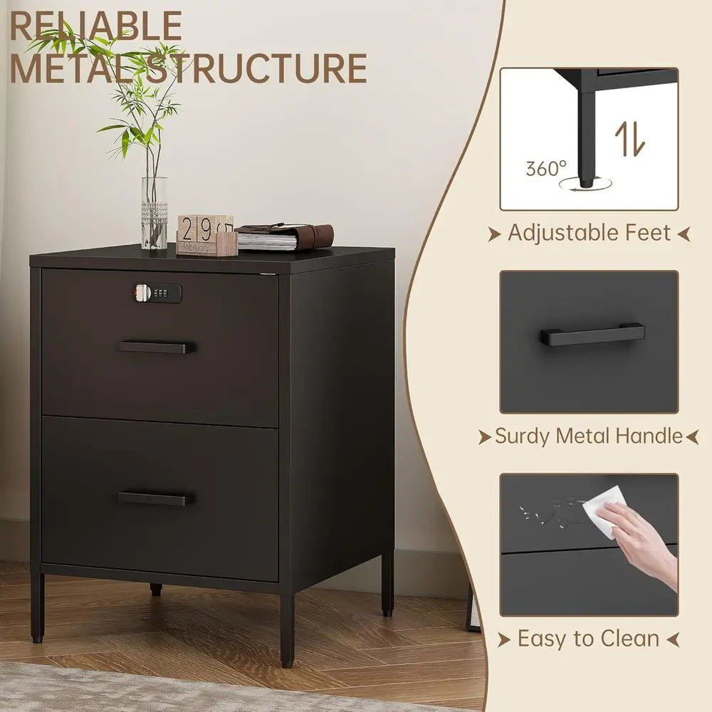 54cm Lockable Metal Nightstand with Storage Bedside Table End Table Black