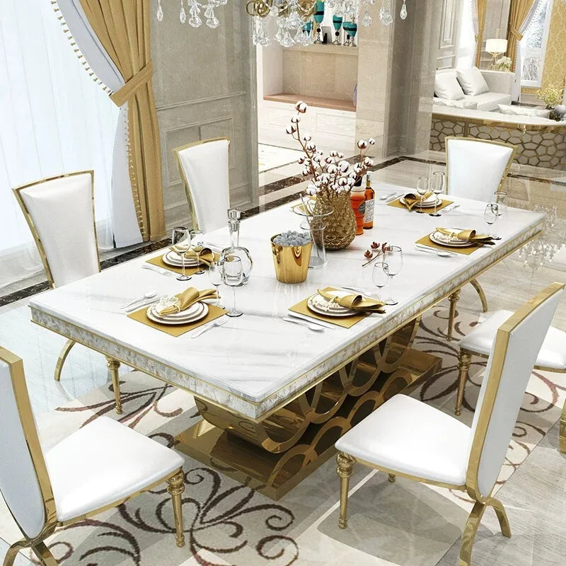 160cm Modern Dining Table Set with 6 Chairs Gold Metal Base Marble Top