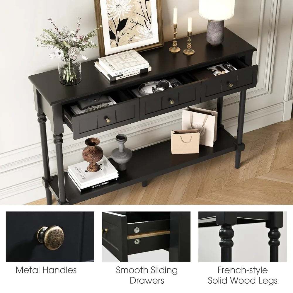 43-Inch Narrow Console Table with Drawers and Shelf Solid Wood Legs Entryway Behind Couch Furniture