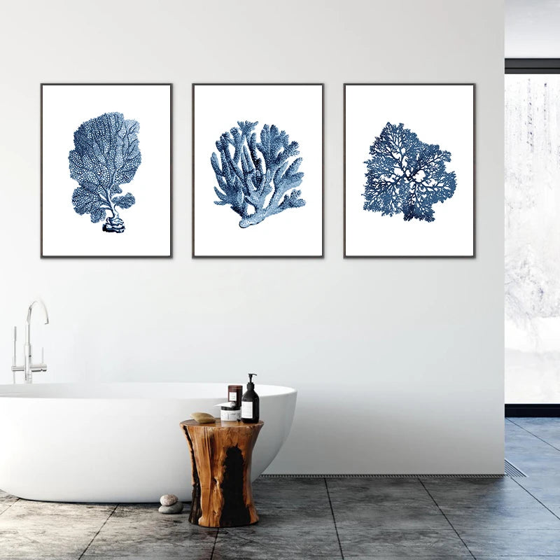Coastal Blue Coral Watercolor Canvas Painting Poster for Home Decor
