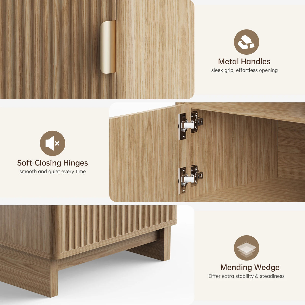 Fluted Wooden Nightstand with USB-C Charging Station and Open Shelf