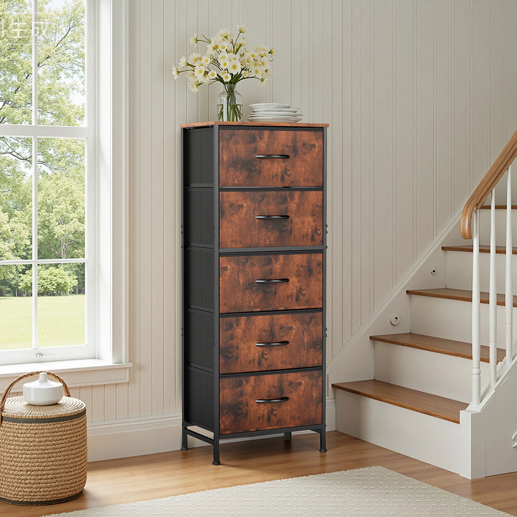 5-Drawer Fabric Tall Dresser with Steel Frame and Wooden Top